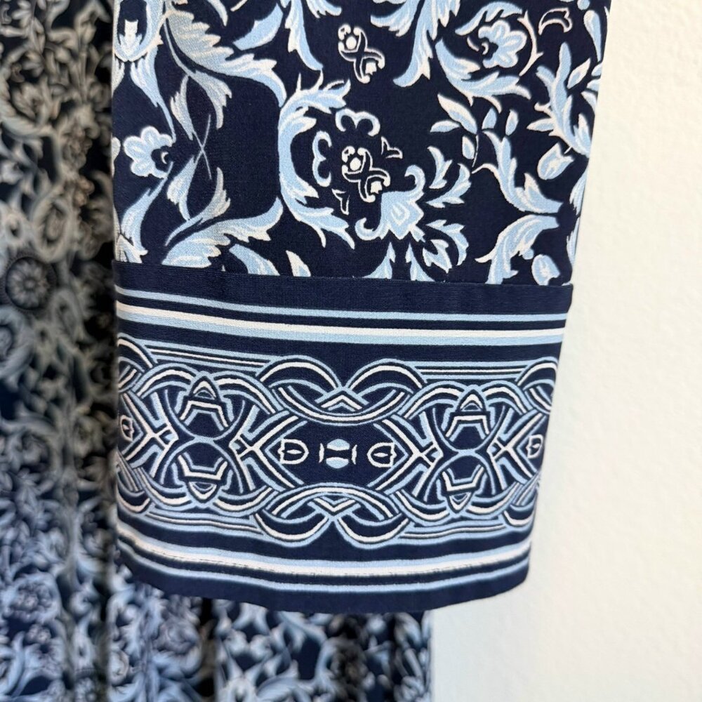WHBM Long Sleeve Embroidered V-Neck Stretch Blue/White Geo Floral Dress Size M. - Picture 7 of 8